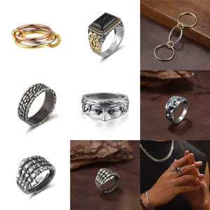 Bagues Punk Gothiques En Forme De Crâne De Croix Pour Hommes Rétro Ensemble De Bagues En Acier Inoxydable Agate Noire Cadeau Bijoux