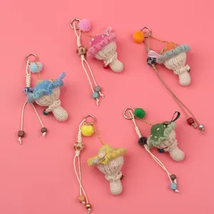 Handmade Crochet Mushroom Keychain Cute Forest Style Woolen Yarn Bag Charm For Women Phone Accessory Beaded Pom-pom Pendant Gift