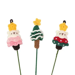 Set of three handmade crochet Christmas tree floral picks featuring cute bear designs