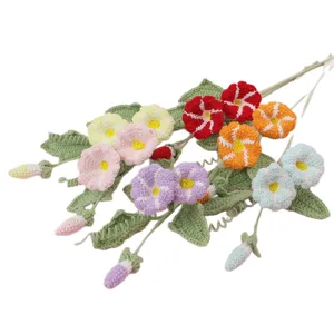 Handmade multi-color crochet morning glory flowers for home decoration and gift giving.