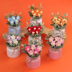Handgemachte Garn Häkeln Puff Blume Topfpflanze Ornament Warm Büro Desktop Keramik Tisch Dekorative Künstliche Pflanze Blumentopf
