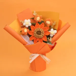 Handmade crochet sunflower bouquet featuring detailed yarn texture and orange wrapping paper
