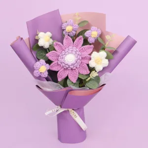Detailed view of hand-knitted purple crochet sunflower bouquet gift for graduation