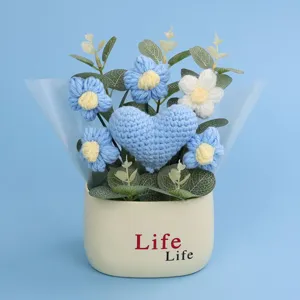 Close-up of handmade crochet blue heart and puff flowers in a cream-colored pot