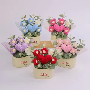 Handmade crochet heart potted flowers in five vibrant colors for desktop decor gift