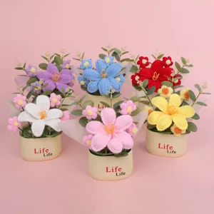 Creative Handmade Crochet Tulip Puff Flower Bouquet Potted Desktop Ornament Knitted Flower Plant Table Decoration For Mothers Day Gifts