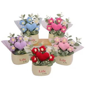 Handmade crochet heart and flower potted plants for home office desktop decoration gift