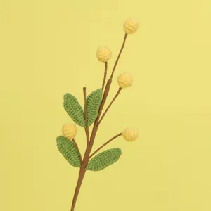 Exquisite handmade crochet billy ball branch with five yellow flowers and green leaves