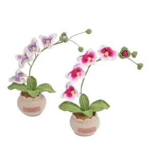 Handgefertigte gehäkelte Phalaenopsis-Orchideen im Topf für eine Tischdekoration
