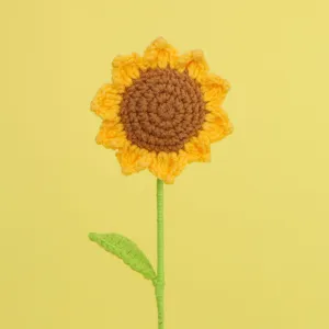 Detailed close-up view of handmade crochet sunflower bouquet with soft knit texture