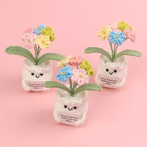 Handmade Yarn Knitted Multicolor Forget-Me-Not Potted Flower Desk Ornament Cute Smiley Face White Base With Card For Home Office Decoration