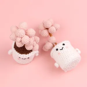 Close-up of two handmade crochet Peach Egg succulents in cute smiling pots on pink background