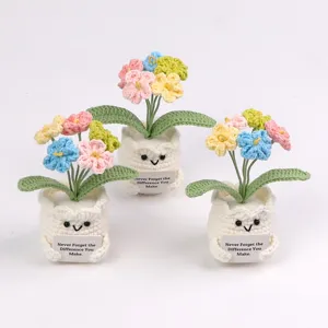 Detailed view of handmade crocheted forget-me-not potted plant with motivational card