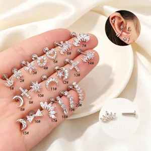 Stainless Steel Labret Stud Zirconia Crown Star Moon Flat Back Piercing Jewelry For Women Men Ear Cartilage Lip Ring Studs