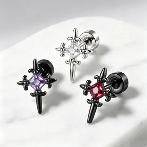 Vintage Cross Zirconia Stud Earrings Punk Style Titanium Post Copper Earring For Men Women Gothic Jewelry