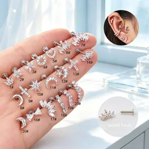 Variety pack of stainless steel labret stud earrings with cubic zirconia designs.