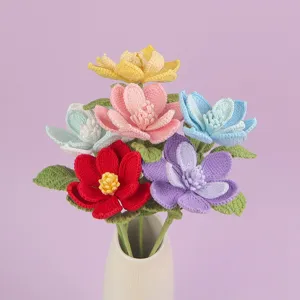 Handmade Knitted Magnolia Flower Single Stem Yarn Crochet Artificial Flower Bouquet For Home Room Desk Decor Valentine Gift