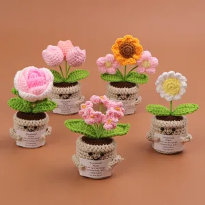 Handmade Crochet Emotional Plant Potted Flower Ornament Simulation Daisy Rose Sunflower Woven Plant With Inspirational Label Gift