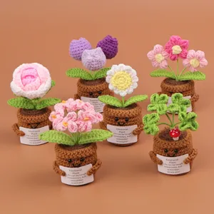 Handmade Crochet Potted Plant Emotional Flower Ornament With Smile Face Pot Knitting Wool Tulip Rose Sunflower Desk Decor