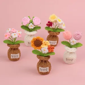 Handmade Knitted Yarn Flower Bouquet Artificial Tulip Rose Sunflower Potted Plant Crochet Flower Ornament Desktop Home Decor