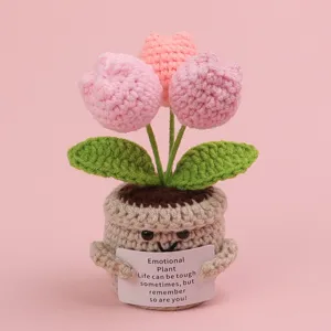Detailed view of handmade crochet Emotional Plant with an encouraging message card