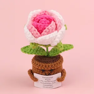Handmade crochet rose potted plant ornament with emotional encouragement card gift set