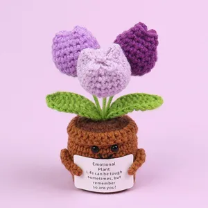 Handmade crochet emotional tulip plant in cute pot with inspirational quote card