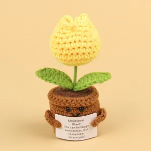 Handmade crochet tulip potted plant with an emotional support card for desktop decoration