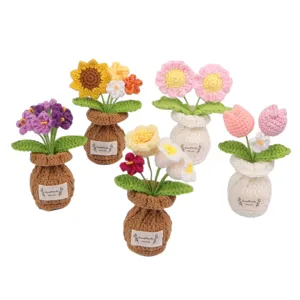 Handmade crochet flower pots set with colorful sunflowers and tulips for home desk decor