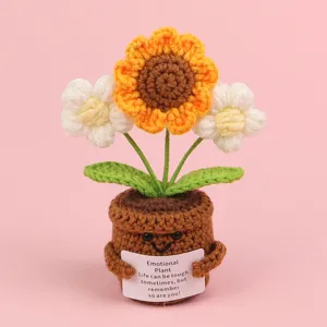 Handmade crocheted sunflower pot ornament featuring inspirational emotional plant card.