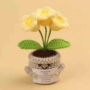 Handmade yellow crochet flowers in a cute pot with an inspirational card detail