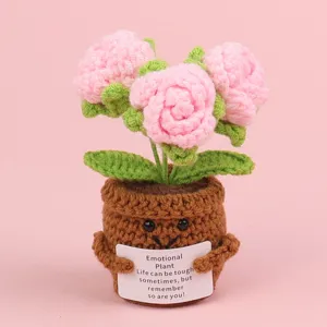 Handmade pink crocheted rose potted plant with emotional support encouraging card
