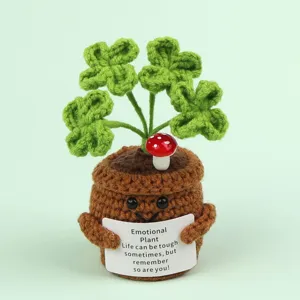 Hand-knitted crochet clover emotional plant desk ornament with mushroom and message card.