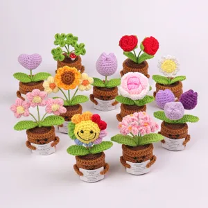 Variety of hand-knitted mini potted plants featuring sunflowers and emotional cards
