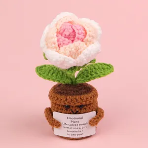Handmade crochet rose potted plant with cute face and motivational message card