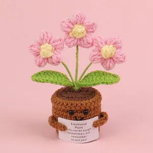 Handmade crochet potted pink flowers ornament with emotional quote card for desk decor