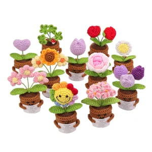 Handmade crochet potted flowers mini knitted plants desktop decor with cute face