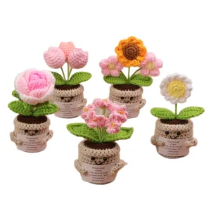 Cute hand-knitted emotional potted plants with uplifting English message tags