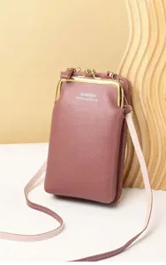 Detailed view of a stylish dusty rose vertical mini crossbody phone bag with metal clasp closure.