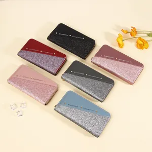 Long glitter patchwork women's wallets in various colors with zipper closure