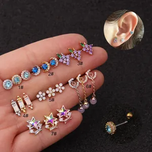 Diverse stainless steel screw back cartilage earrings with zircon stars and floral patterns
