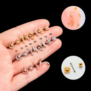 Fashion Stainless Steel Rhinestone Stud Earrings Double Head Screw Cartilage Piercing Heart Flower Lightning Earrings For Women Jewelry Gift