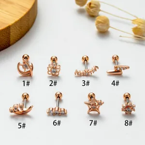 Set of 8 stainless steel rose gold stud earrings with CZ moon and star designs