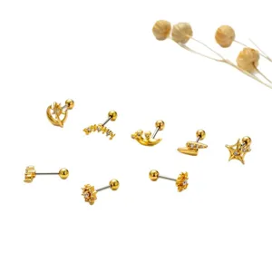 Collection of assorted gold stainless steel stud earrings with zircon stars and lightning