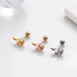 Set of three colors stainless steel cartilage stud earrings with leaf design and clear zircons