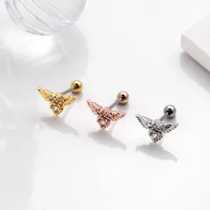 Winged heart stainless steel cartilage stud earrings with zircon stones in three colors