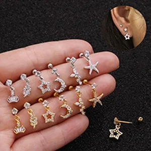 Detailed display of stainless steel stud earrings featuring zircon stars moons and crowns