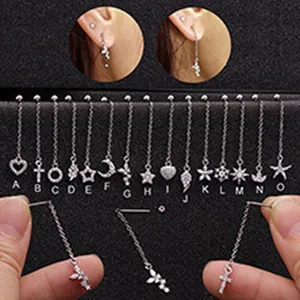 Detailed view of various stainless steel zircon dangle earring styles with labels