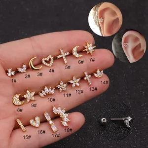 Stainless Steel Zirconia Tragus Piercing Stud Earrings Heart Crown Star Moon Helix Cartilage Screw Back Earrings For Women