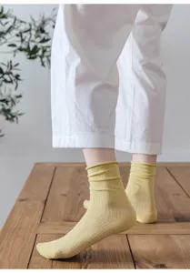 Women's thin mesh mid-calf socks, breathable cute rolled cuff stacking socks detail view.